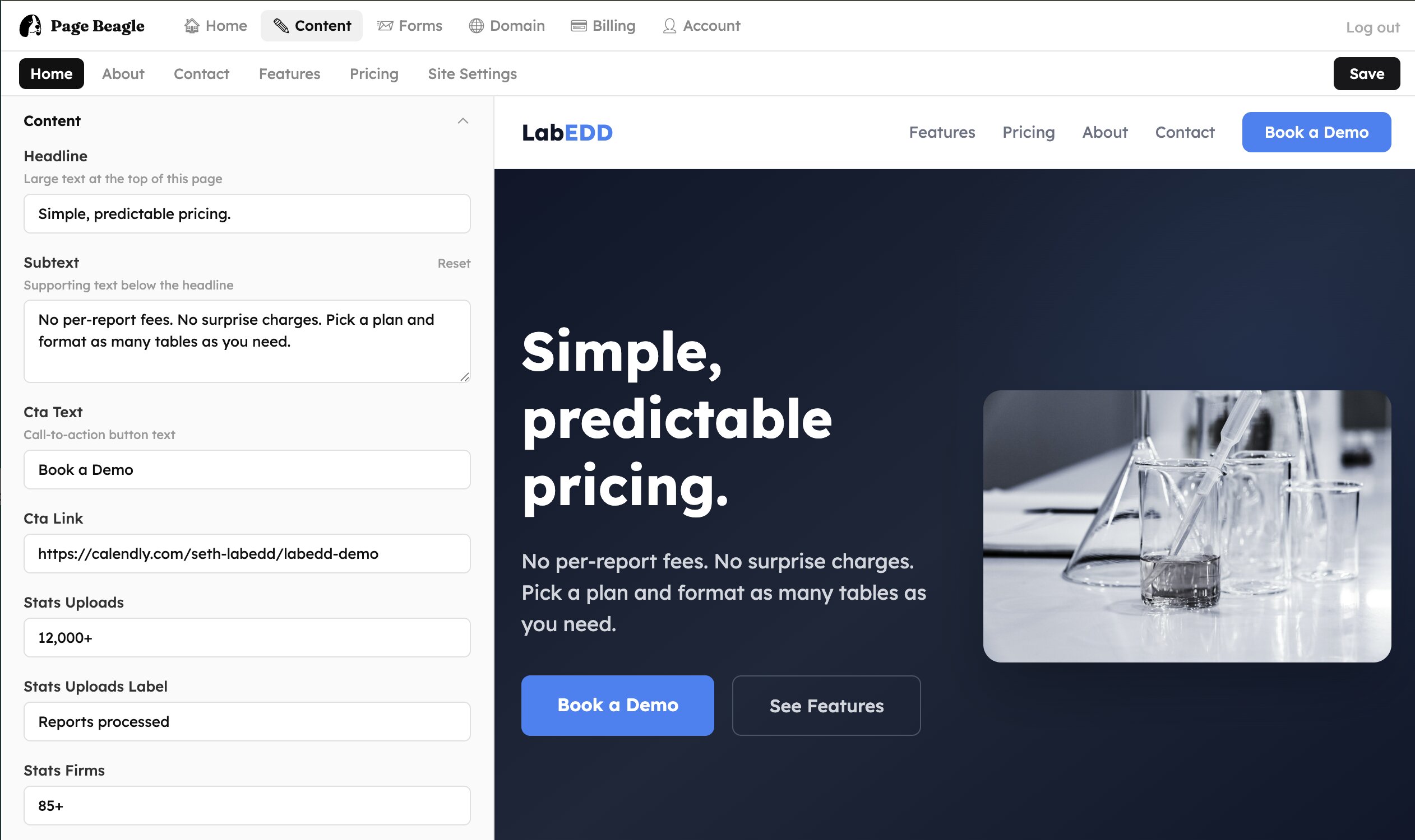 Page Beagle content editor showing live preview and editable fields